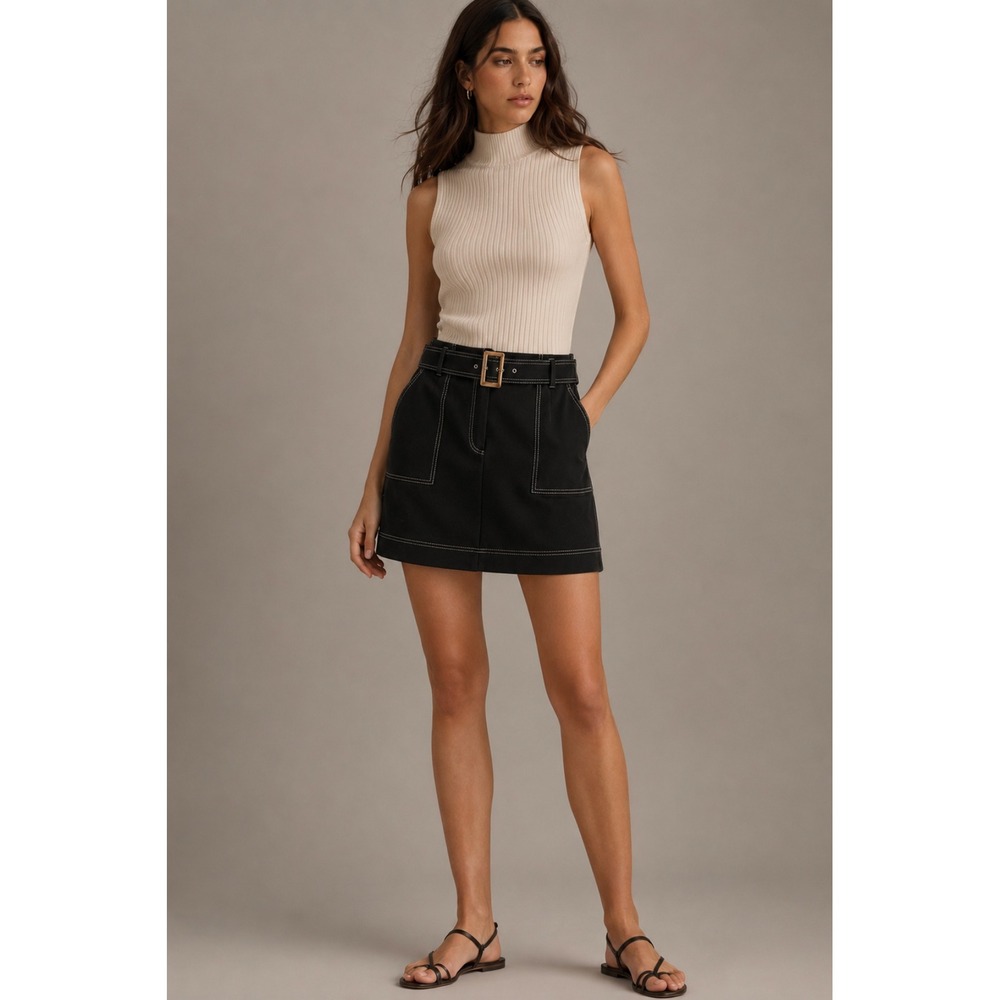 M&S Collection Beltted Mini Skirt 14 Black Contrast Stitch Dark Academia Utility